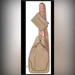 Taupe Crossbody guitar Sling Bag with Detachable Card Wallet NWOT